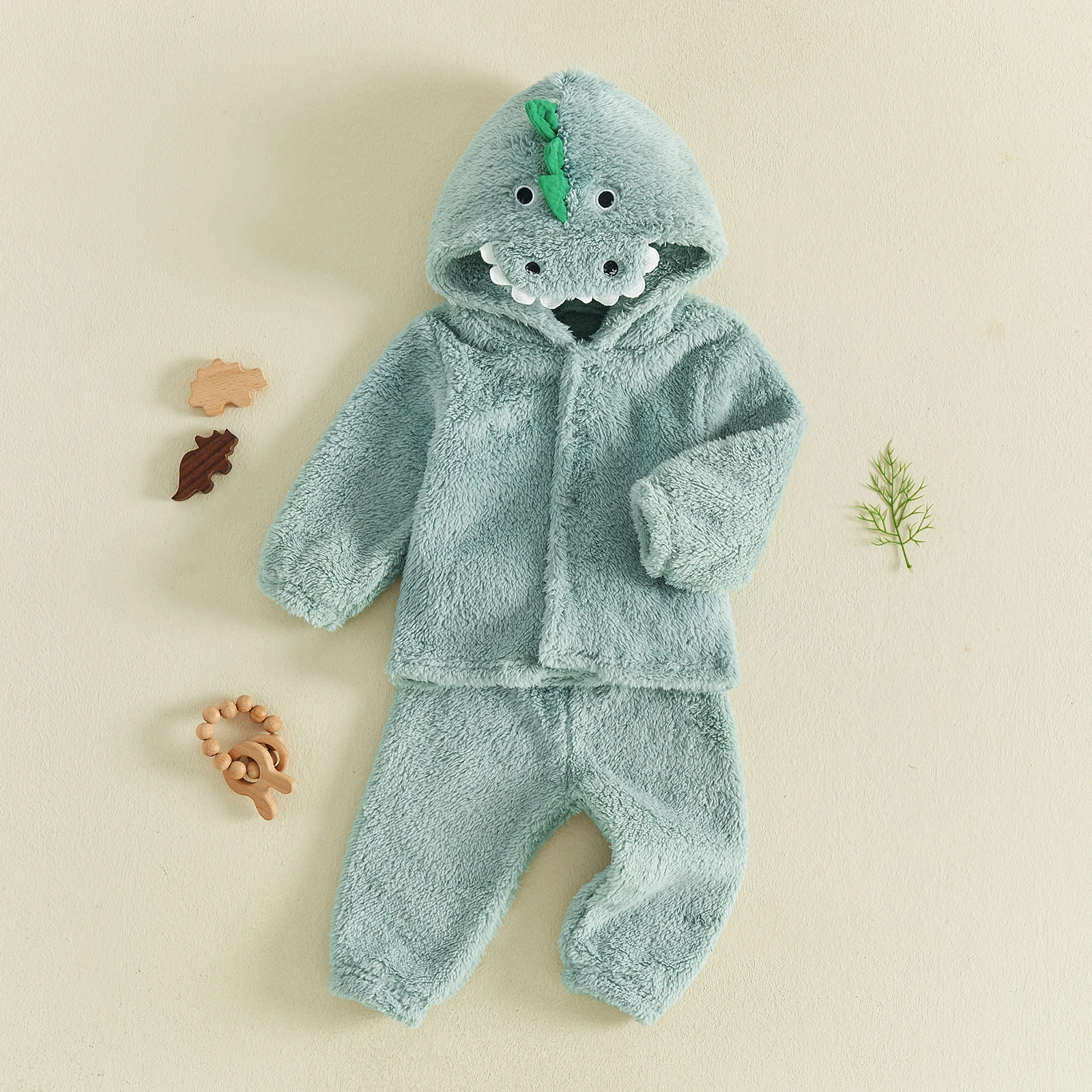 Boys 2Pcs Plush Fall Outfits Long Sleeve Button Down Hooded Dinosaur Tops Pants Sets Halloween Cosplay Costume Set