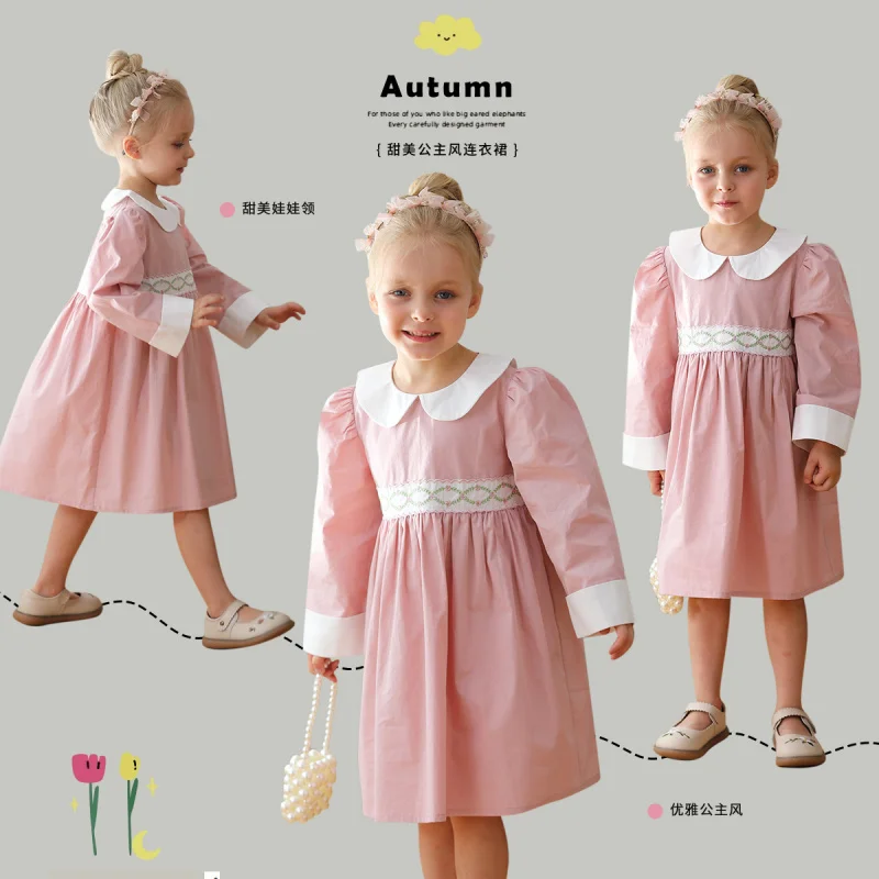 

French Rattan Flower Embroidery Doll Collar Girl Dress2024Autumn Contrast Color Pure Cotton Sweet Princess Dress Long Sleeve