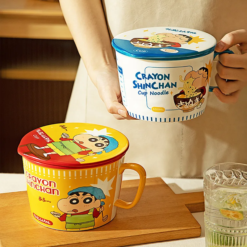 

Kawaii Ceramic Bowl Cartoon Crayon Shin Chan Instant Noodle Bowl With Lid Handle Microwaveable Student Dormitory Instant Noodle