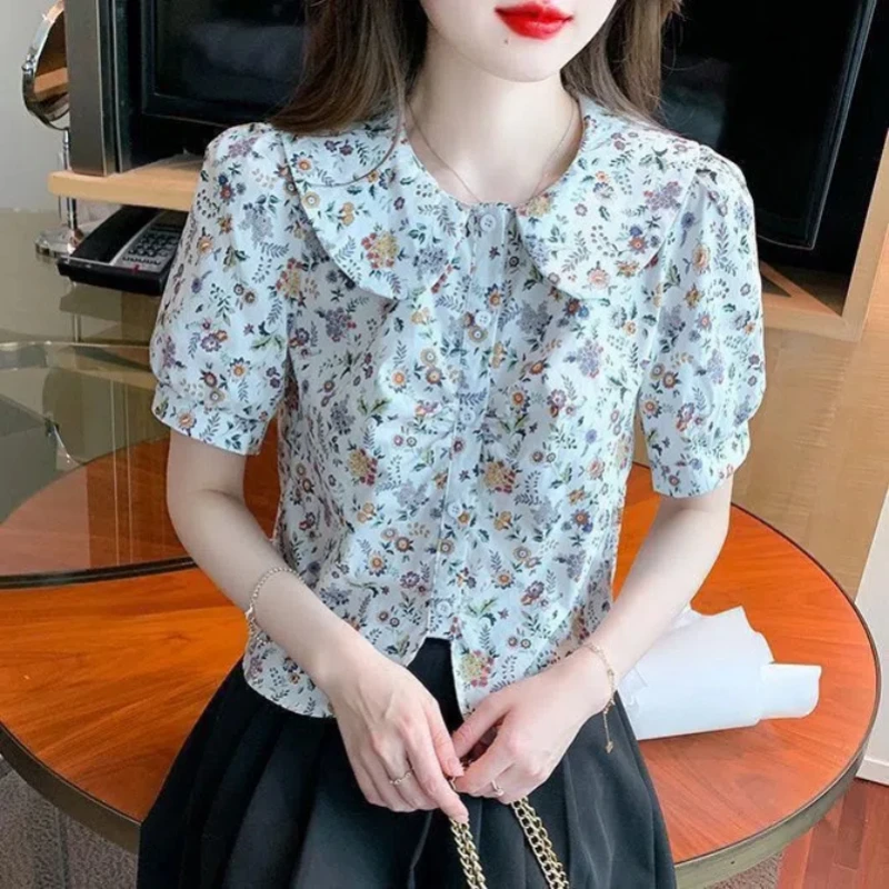 New Floral Korean Youth Shirt Tops Summer Short Sleeve Temperament Print Irregular Short Blouse Fashion Elegant Women Clothing