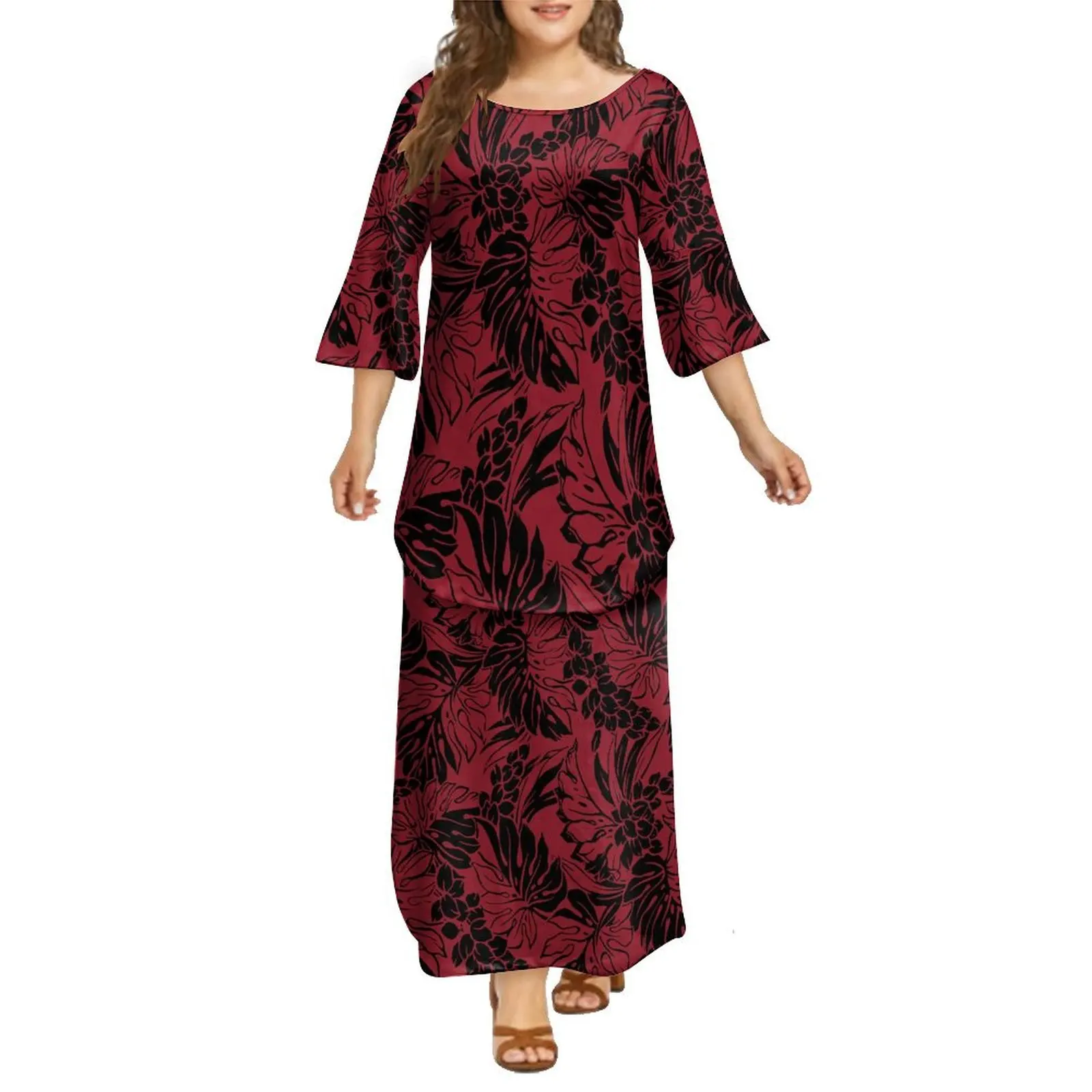 

Polynesian Tribe Design Patterned Ladies Puletasi Dress Elegant Long-Sleeved Two-Piece Dress Free Shipping