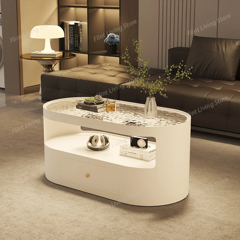 

​​Modern Cream Style Double Round Coffee Tables Tempered Glass Drawers Oval Side Tables Living Room Furniture Home Decor