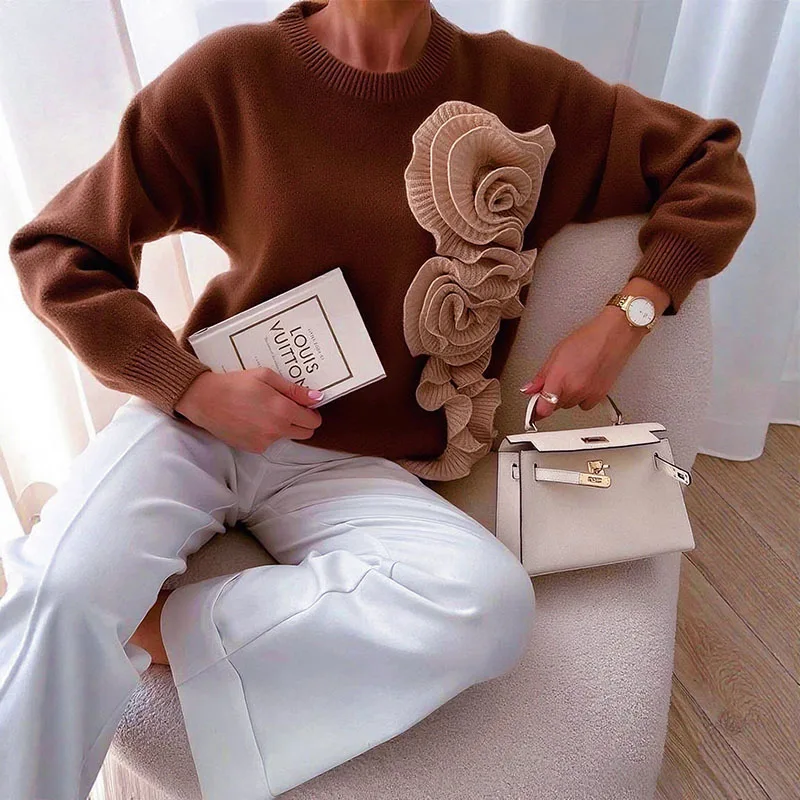 الخريف موضة ثلاثية الأبعاد زهرة الحياكة البلوزات أنيقة س الرقبة مضلع النساء بلايز البلوز الشتاء طويلة الأكمام تريكو الملابس النسائية #1