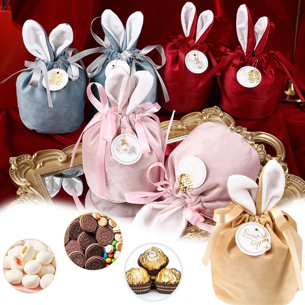 

1/5PCS Set Easter Candy Bag Bunny Ears Velvet Drawstring Bags Candy Snacks Jewelry Bags Party Gift Wrap Bags Party Decoration