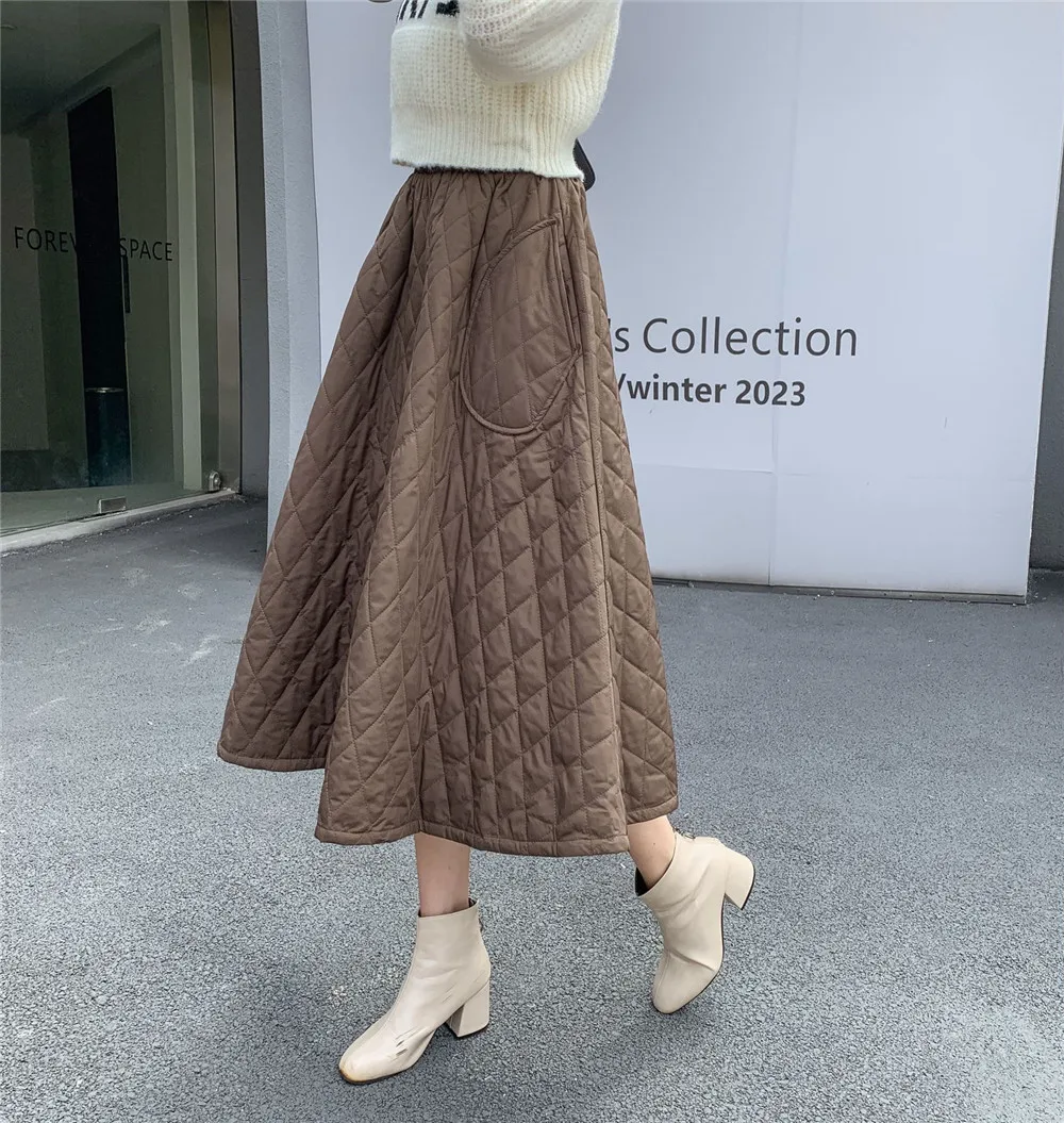 

Candy Color Winter Down Padded A-line Skirt Women Clothes Pockets Long Skirts Thickening Warm Bottoms Jupe Chic Female 8921