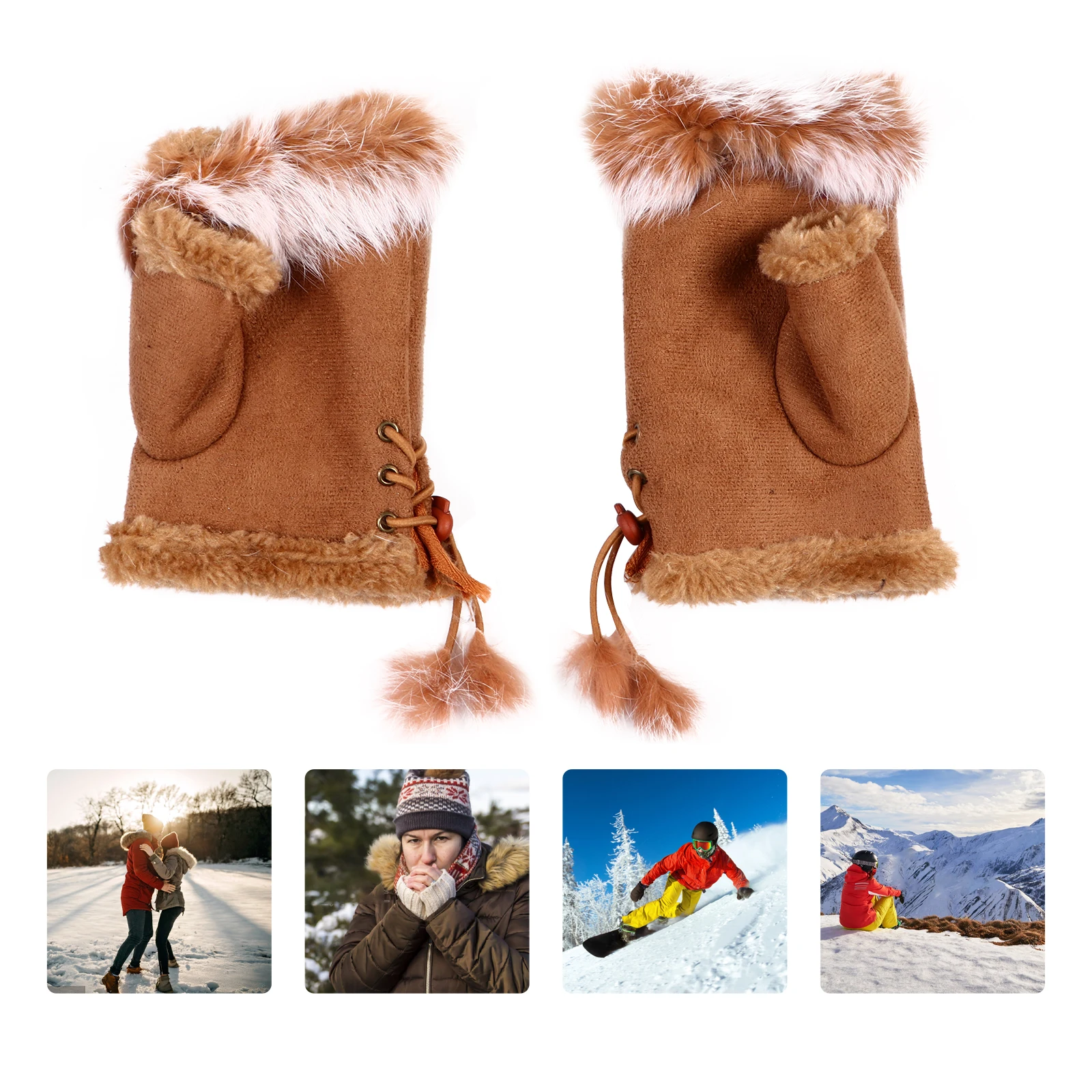 

1 Pair Winter Warm Half Finger Suede Gloves Touchscreen Thermal Insulation Outdoor Cycling Hiking Driving For Women Girls