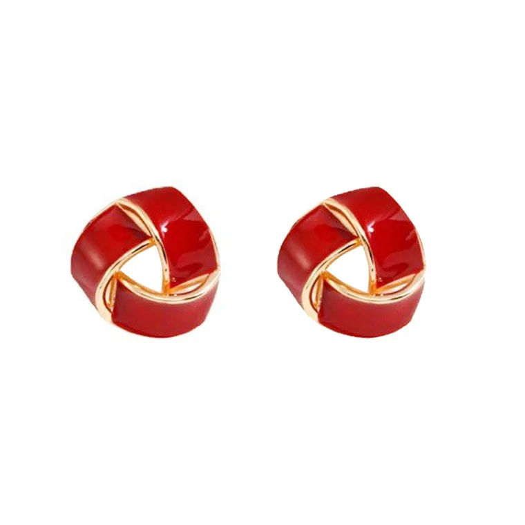 N S925 Silver French Retro Stud Earrings Burgundy Drip Glaze Triangular Earrings Women's Light Luxury Winding Earrings