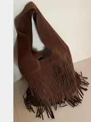 Vintage Frosted Suede Fringed Women Bag With Autumn And Winter High-end Feel Large Capacity Single Shoulder Bag For Women Trendy