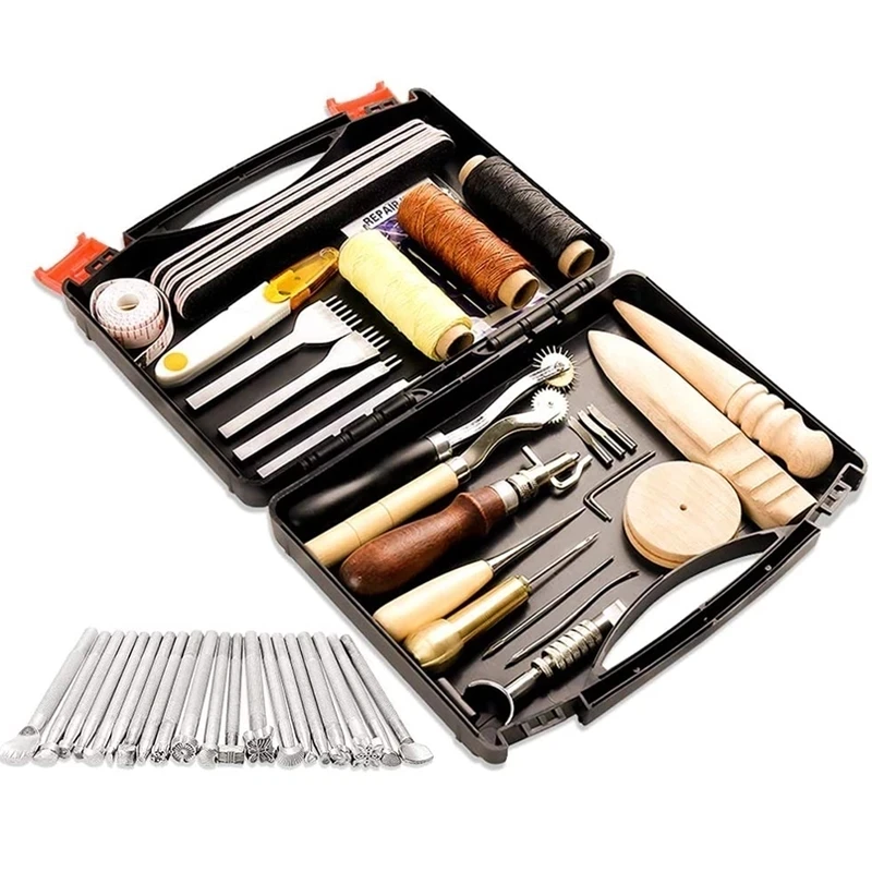 MIUSIE 50 pcs Leather Craft Tools Kit Wax Ropes Needles Hand Sewing Stitching Punching Cutting Sewing Leather Craft Making Tools