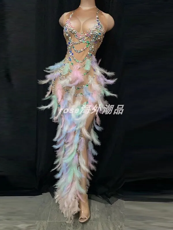 

New Singer Hosts Colorful Feather Rhinestone Elastic Hip Hugging Long Dress Evening Gown Stage Adult Performance Costume