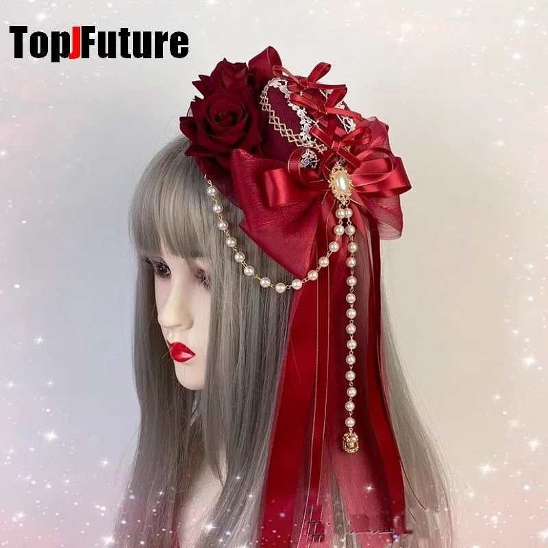 

Головные уборы в стиле Харадзюку, шип, Лолита, Y2K, девушка, готический шар, розовое жемчужное перо, маленькая плоская шляпа, элегантные заколки для волос, заколка для волос, заколки для волос