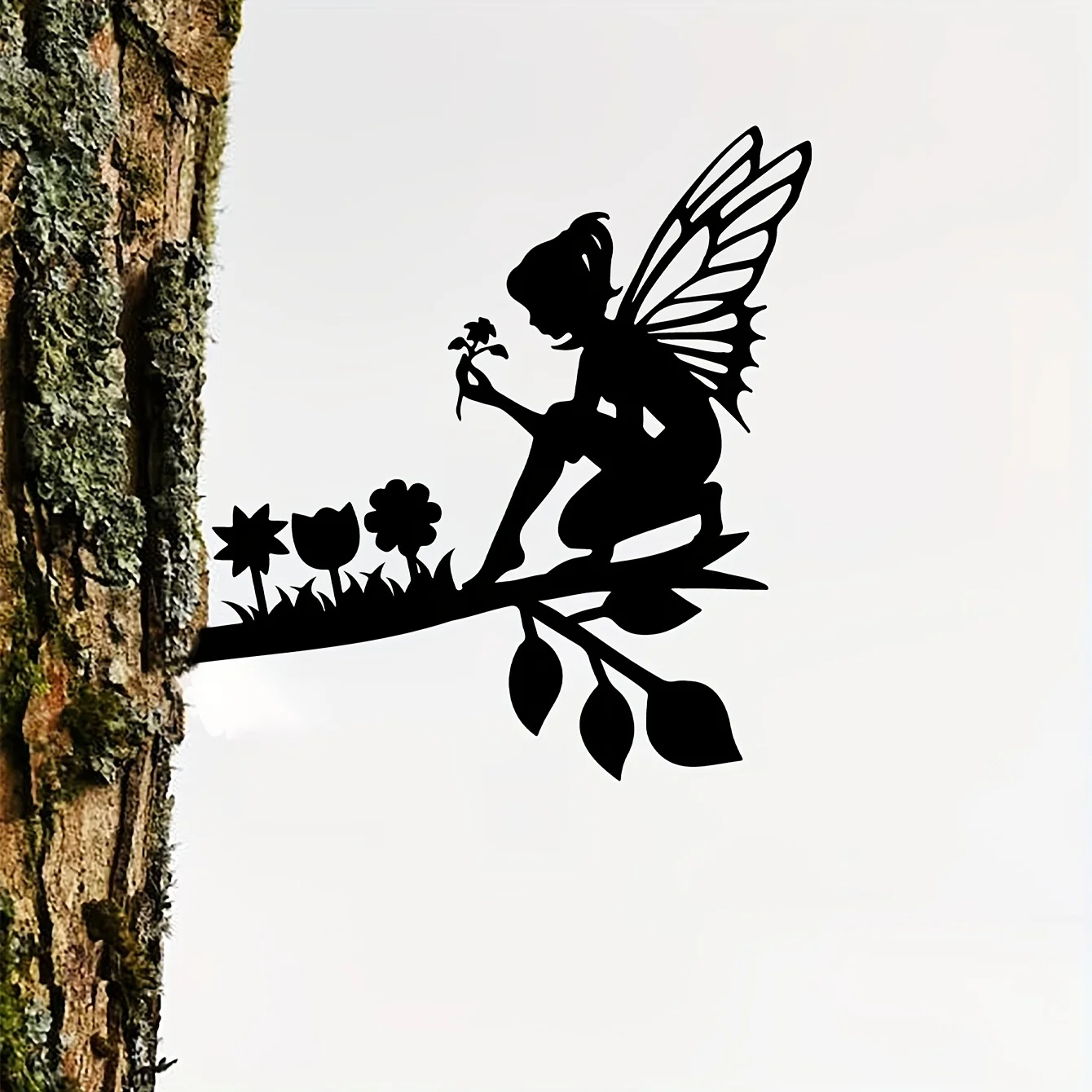 

1pc Picking Flowers Fairy On Branch Steel Silhouette Metal Wall Art Home Garden Yard Patio Outdoor Statue Stake Decoration