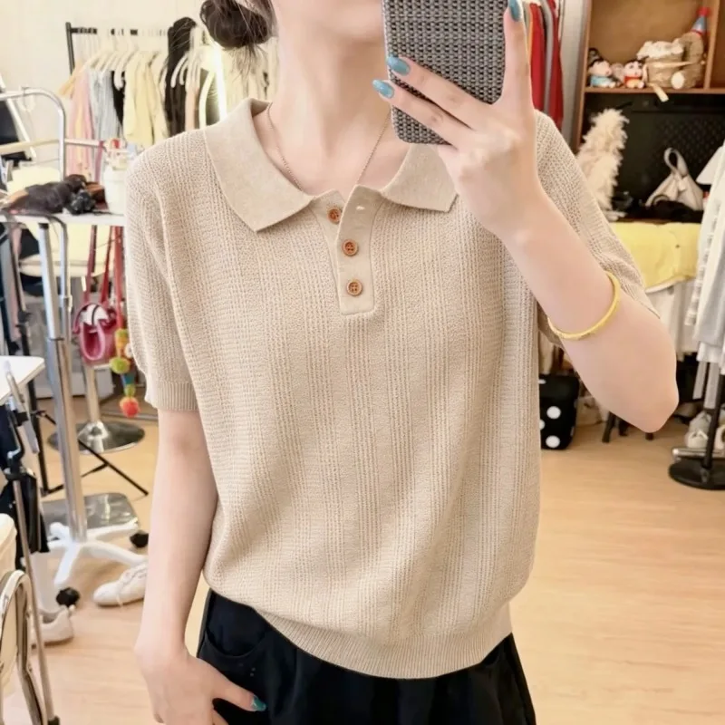 Women Old Money Style Polo Knit Top Vertical Texture Short Sleeve Loose Summer Blouse