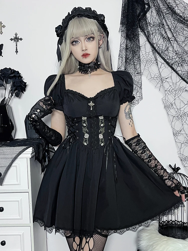 AltGoth Vintage Gothic Princess Dress Women Dark Harajuku Lace Up Cross Corset Dress Streetwear Partywear Lolita Dress Female