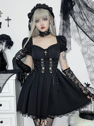 Imagen 1 del producto AltGoth-vestido de princesa gótico Vintage para mujer, vestido con corsé cruzado con cordones Harajuku oscuro, ropa de calle, ropa de fiesta, vestido de Lolita para mujer