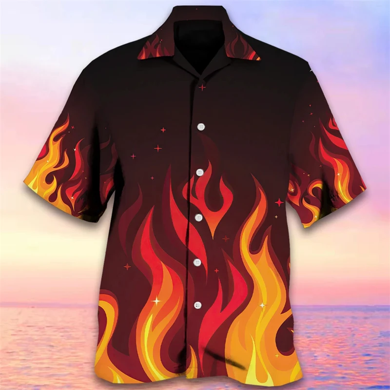 2024 Men\'s 3D Flame Print Shirt Hawaiian Casual Short Sleeved Shirt Fashion Beach Vacation Lapel Shirt Mens Summer Shirt Clothes