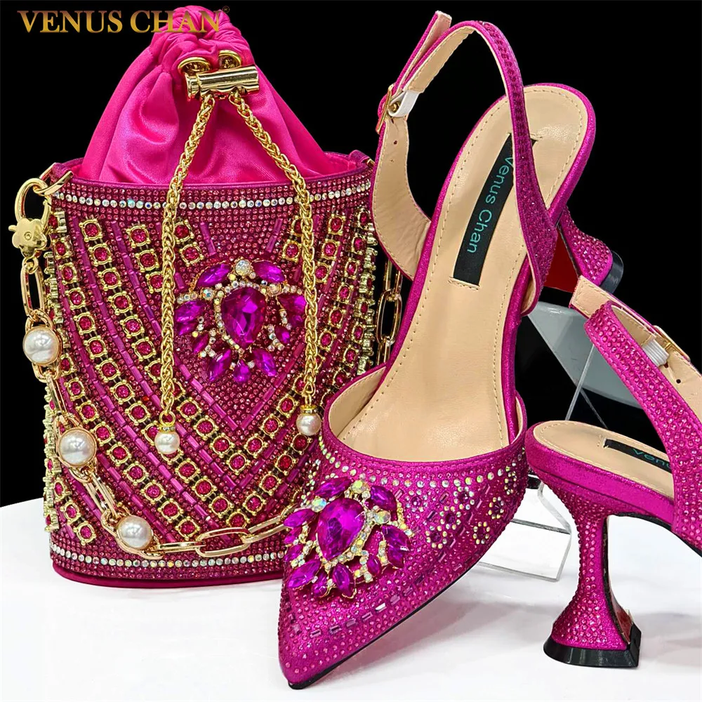 

Venus Chan-Pointed Toe Heels for Women Fuchsia Color Full Diamond Pumps Italian Shoes and Bags Matching Set Elegant Party 2024