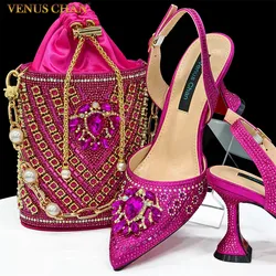 Venus Chan-Pointed Toe Heels for Women Fuchsia Color Full Diamond Pumps Italian Shoes and Bags Matching Set Elegant Party 2024