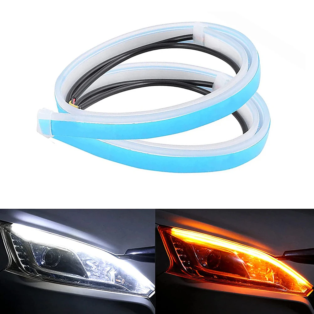 2pcs Car LED DRL Daytime Night Running Light Waterproof Flexible Universal Car Flowing Turning Signal Light Brake LED Strip Lamp