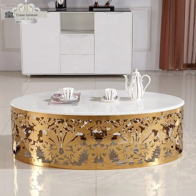 2022 Marble gold luxury glass coffee table metal oval hollow carved plated retro coffee table