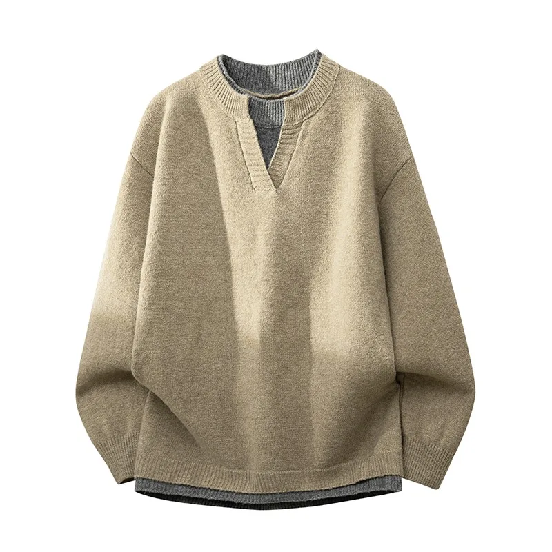Men's Autumn and Winter Two-piece Sweater Round Neck Solid Color Long-sleeved Pullover Fashion Top