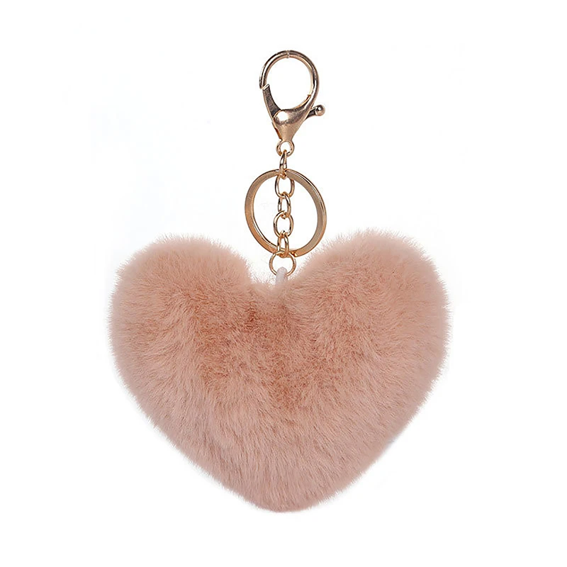 Solid Color Fluffy Pompom Keychain Gifts For Women Soft Heart Shape Pompon Fake Rabbit Key Chain Car Bag Accessories Key Ring