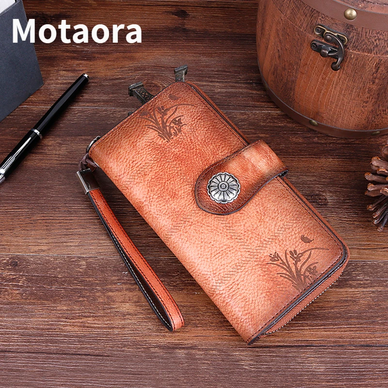 MOTAORA Retro Genuine Leather Women Wallet ID/Credit Cards Holder Bag Multi-Purpose Printing Female Wrist Clutch Bags Long Purse