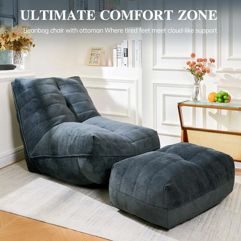 أريكة بين باج من إسفنج الذاكرة مع مسند، أريكة كسولة مريحة لغرف المعيشة وغرف النوم والشقق - أزرق رمادي #6