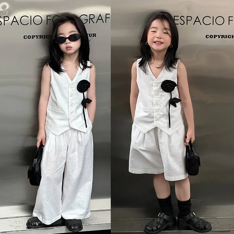 

Children's White Suit 2025 Summer New Vest Trousers 2 Pieces Simple Elegance Thin Teenage Boys Girls Clothing Set 10 12 13 Years