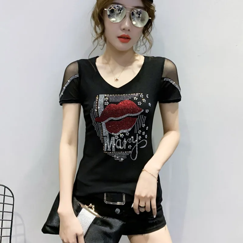 New Summer European Clothes T-Shirt Fashion Lip Diamonds Women Tops Mesh Short Sleeve Lace Sexy Back Embroidered Shirt Tees