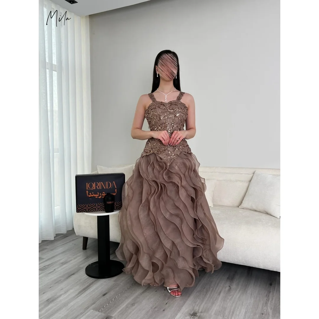 

Mila Taupe Спагетти на бретельках с блестками, украшенный лифом, платья для выпускного вечера по индивидуальному заказу, вечернее платье с рюшами, многоуровневое шифоновое расклешенное платье 2025