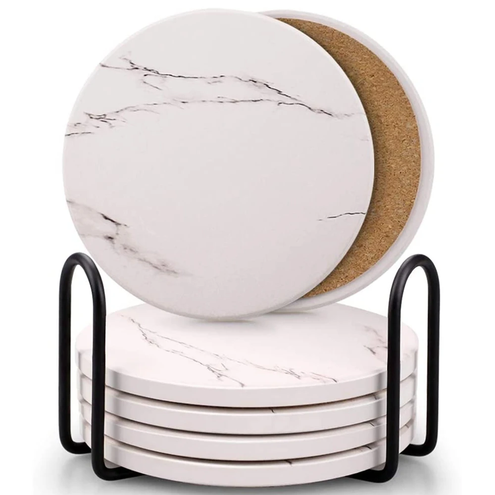 Onderzetters Voor Drankjes Keramische Stenen Coaster Set Met Metalen Houder Staan Kurk Basis Marmeren Oppervlaktepatroon Set Van 6 Wit