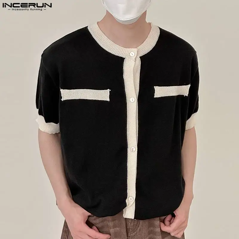 INCERUN Tops 2023 Korean Style Men's Contrast Color Thin Knitting Shirts Casual Streetwear All-match Short Sleeved Blouse S-5XL