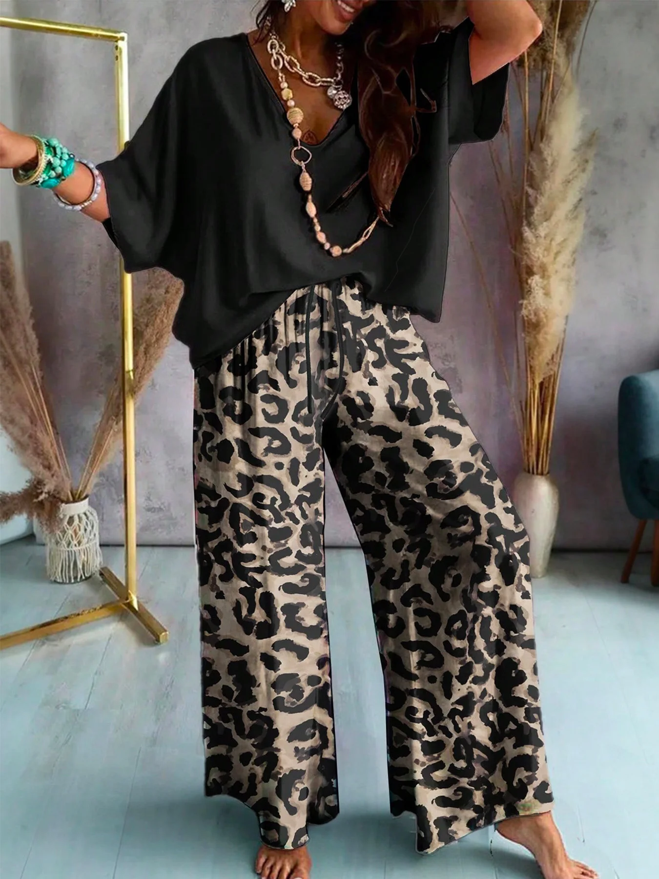 Women Big Size Leopard Pattern Casual Tracksuit Oversized  Long Pants Two Piece Matching Set Daily Wear