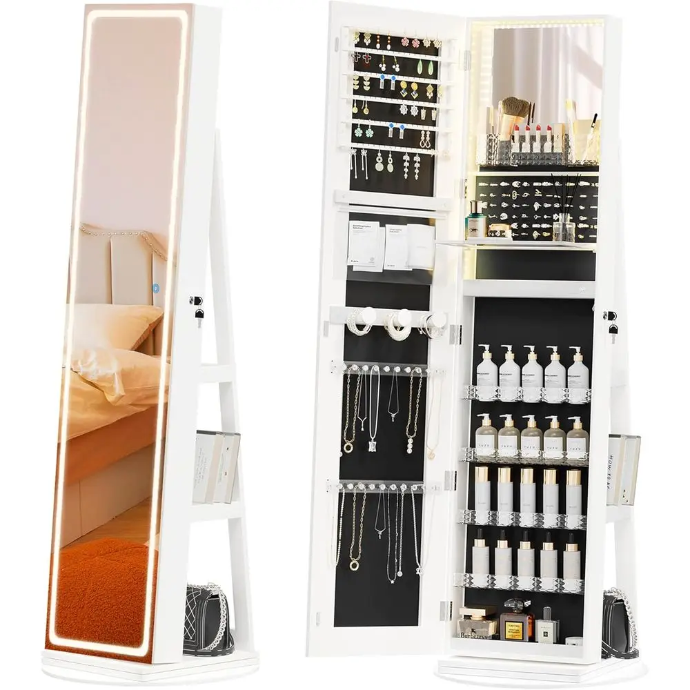 

Mirror Jewelry Cabinet Standing, Jewelry Armoire with Full-Length LED Mirror and Adjustable Lights, 360° Swivel Jewelry Organize