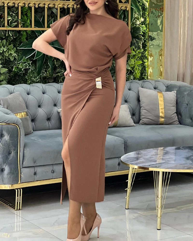 Dames Skew Neck Korte mouw Gebonden detail Casual splitjurk Vrouwelijke kleding Temperament Vrouw Mode Dagelijks werk Elegante jurken