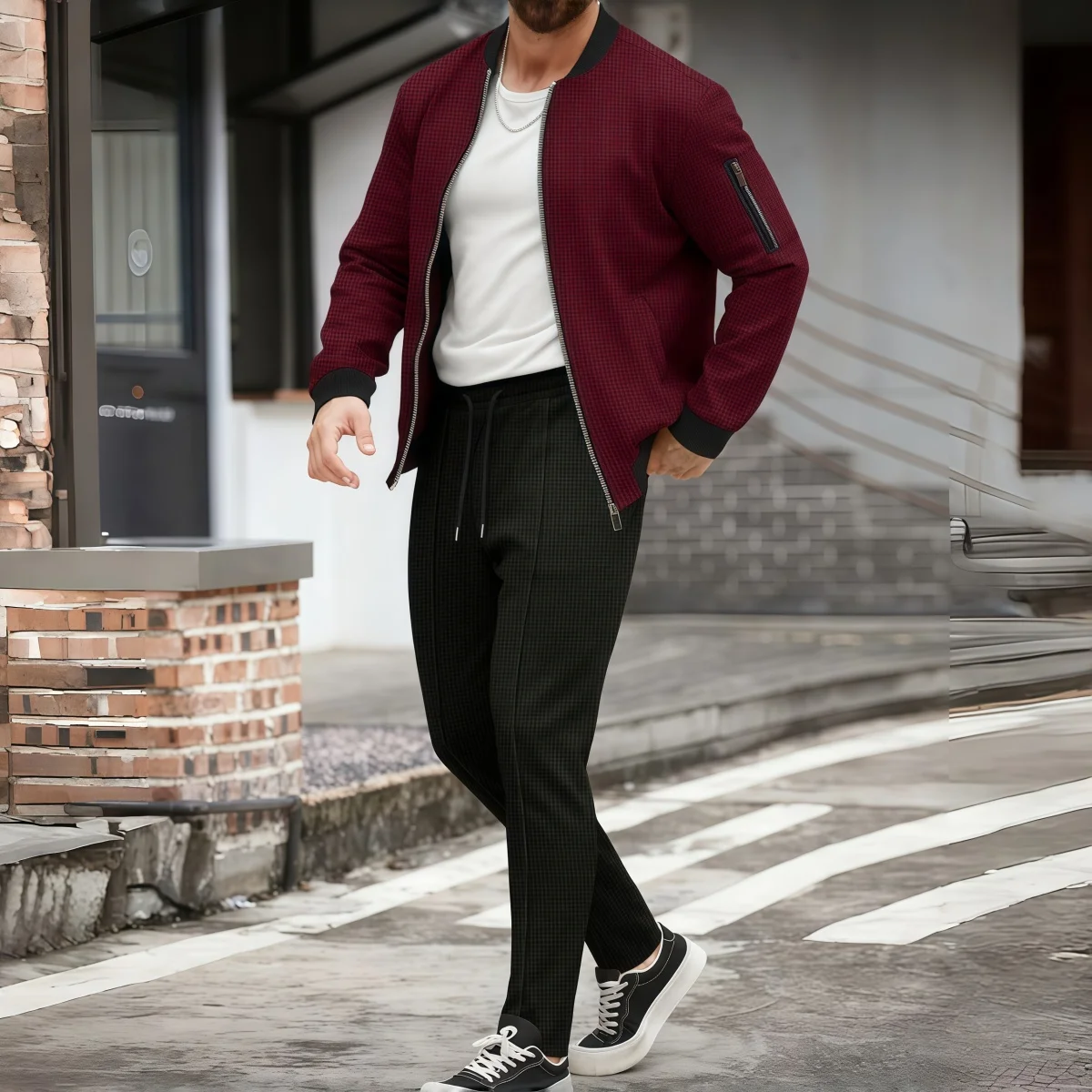 

Winter Casual Suit for Men Stand-up Collar Cardigan Street Fashion Zipper Jacket Black Pants Set Mature Men's Clothing