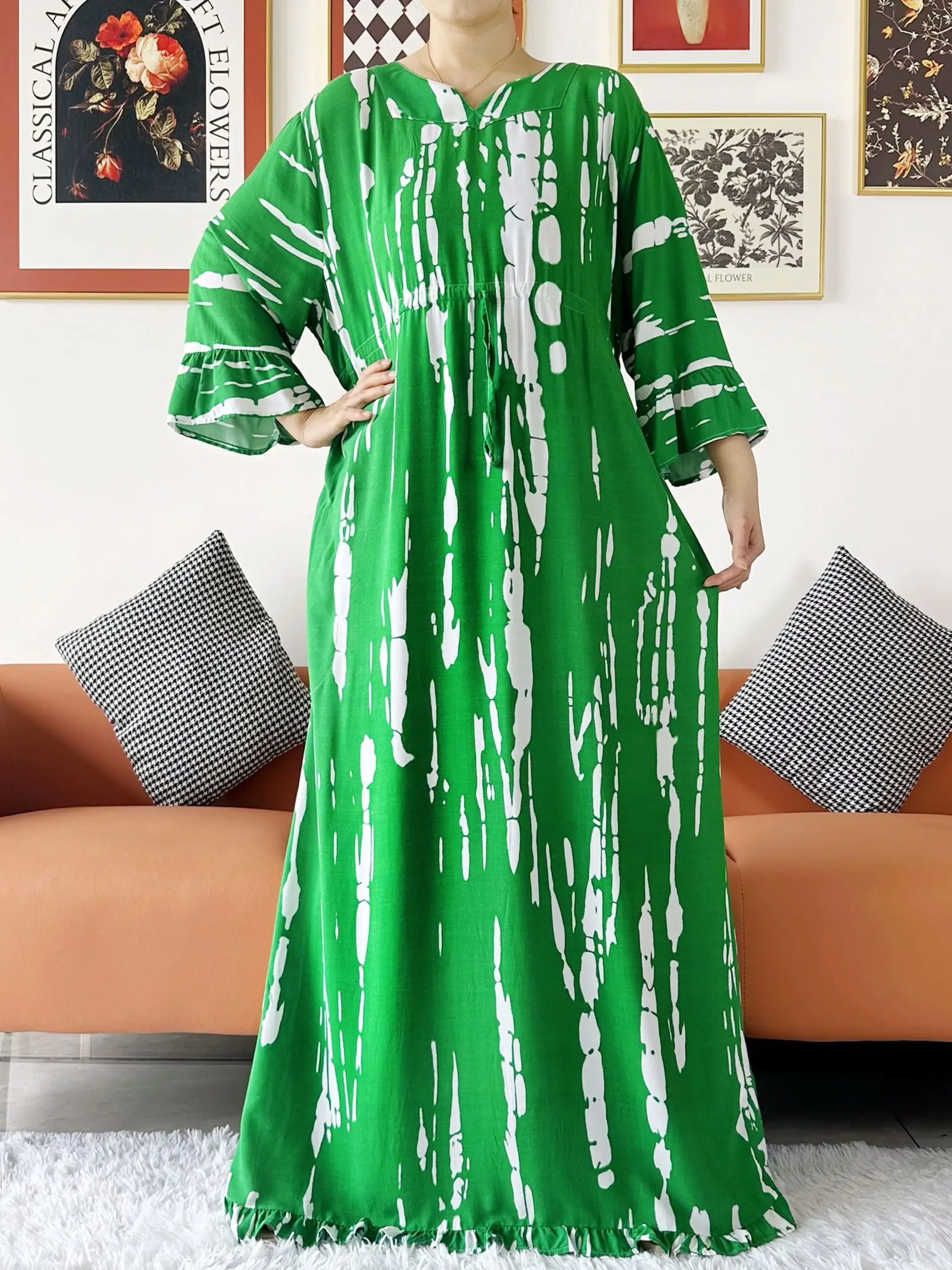 2024 New African Women Long Sleeve Abaya Dashiki Cotton Floral Dress Printing Loose Caftan Dress with Scarf Casual Vestido