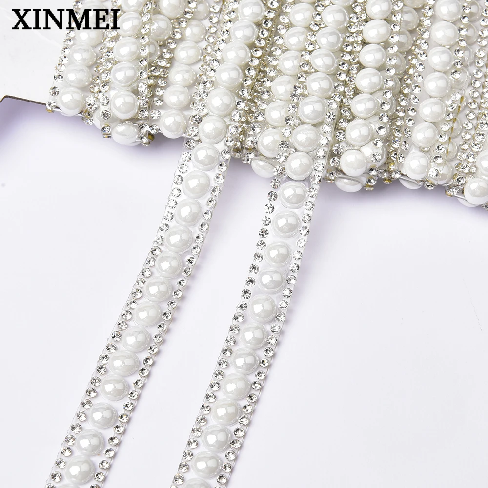 White Glass Crystal Pearl Hot Fix Trim Ribbon Self Adhesive Rhinestone Applique Strass Strip Diy Clothes Cars Decor Accessories