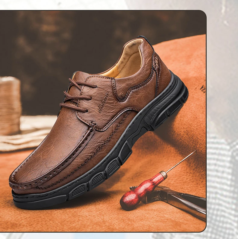 CLOHOO Men's Handmade Thick Rubber Bottom Breathable Casual Leather Shoes Classic Sewn Loafers Comfortable Leisure Footwear