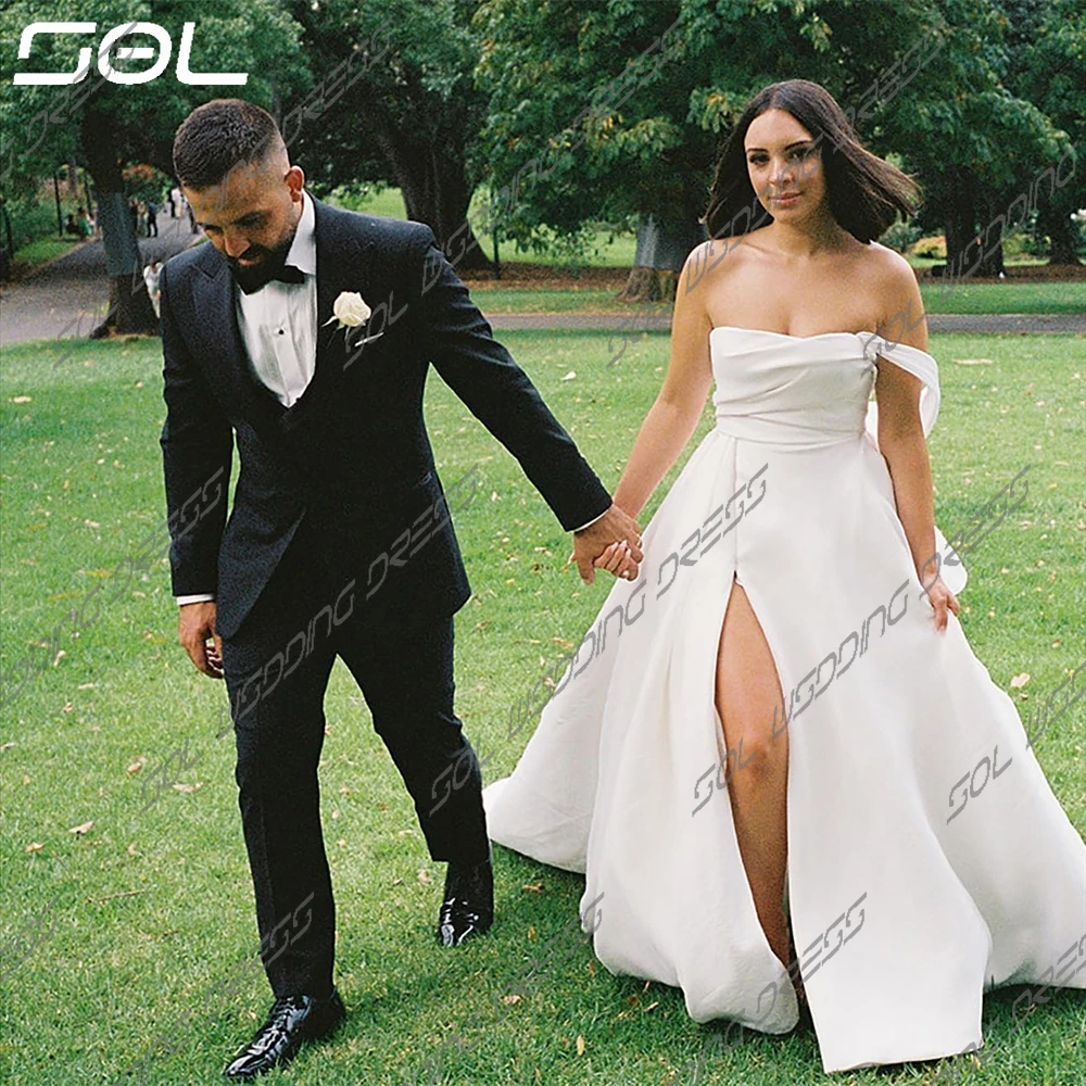 Vestido De Novia De satén sin tirantes con espalda descubierta, elegante, desmontable, línea A