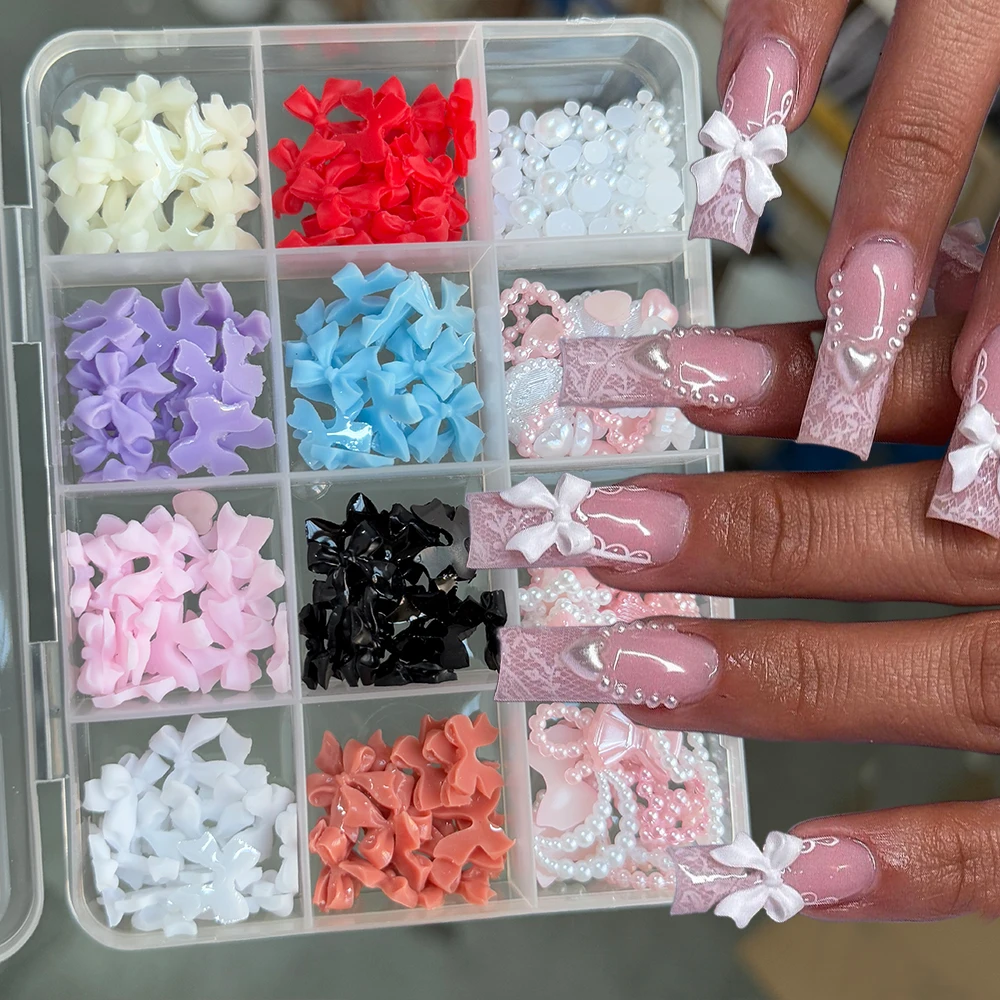 12 griglie 3D caramelle colorate perle nail art charms metà tondo perlescente rosa/bianco/blu perle miste gioielli per unghie Kawaii nail dicembre