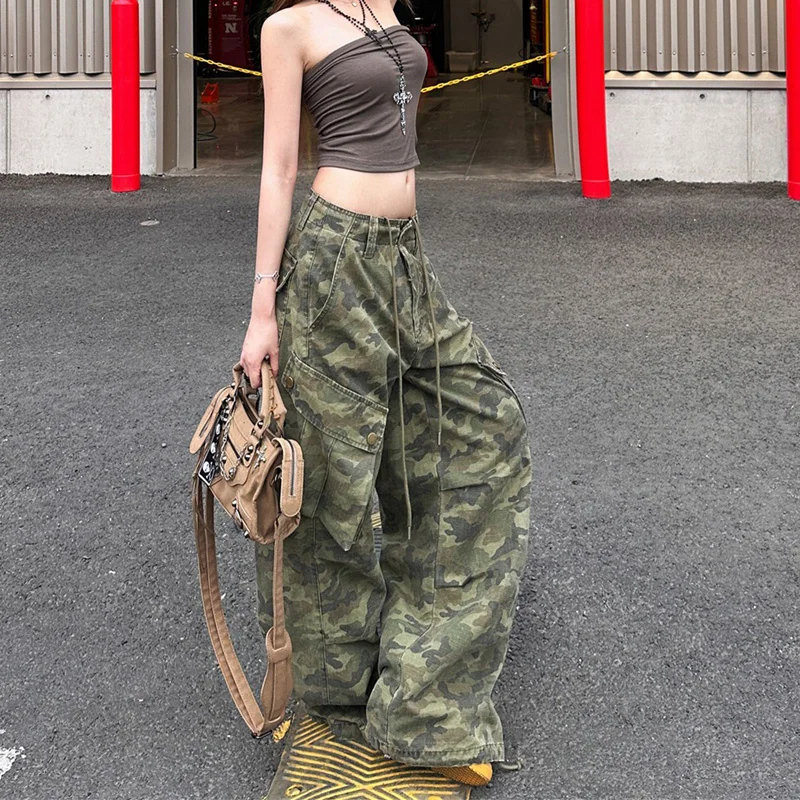 Benuynffy التمويه طباعة الرباط البضائع الدنيم السراويل النسائية الأمريكية الرجعية Y2k الشارع الشهير عادية فضفاض واسعة الساق بنطلون