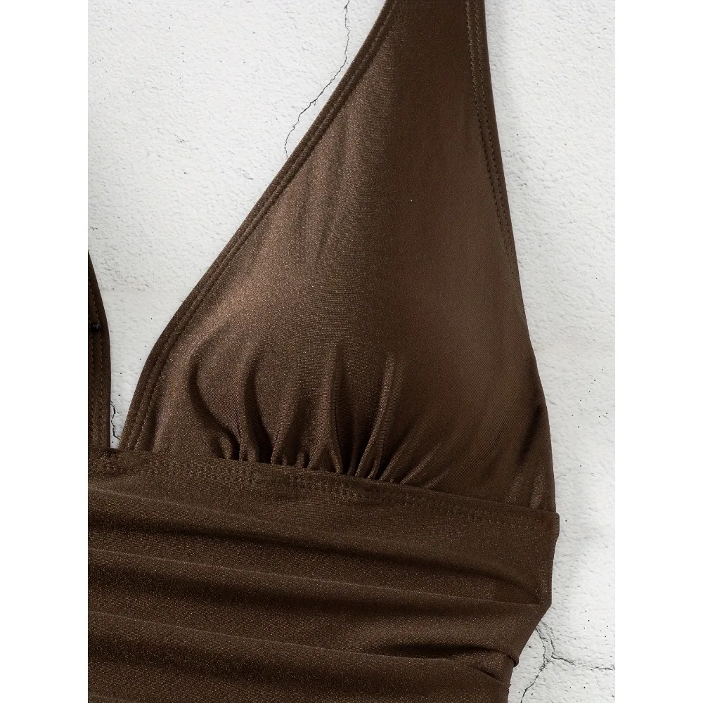 Seksowne bikini z wysokim stanem 2025, damski strój kąpielowy dwuczęściowy, damskie zestawy bikini, brązowe kostiumy kąpielowe, brazylijskie biquini, strój na basen