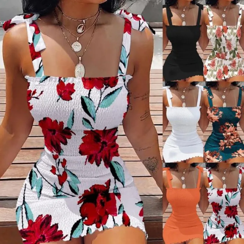 Women's summer camisole printed bow art one line collar strapless strapless waist tight commuting mini sleeveless dress