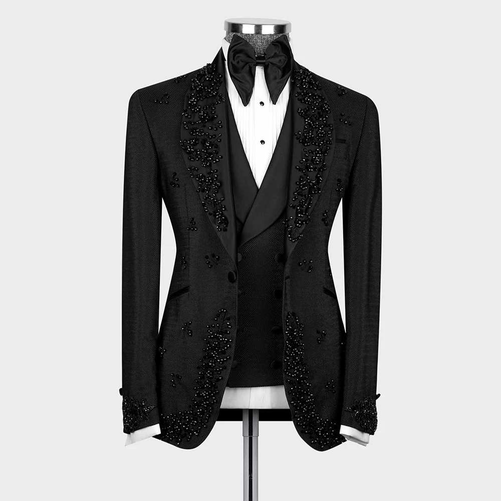 

Classic Black Suits Men For Wedding Pearls Beaded 3 Pieces (Jacket Vest Pants ) Groom Tuxedos Tailored Man Business Prom Blazers