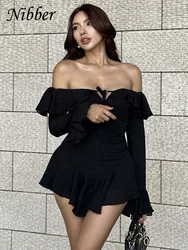 Nibber Chic Ruffles Dress Women Lace-up Mesh Patchwork Slash Neck Flared Sleeve Pleat Hem Sexy Coquettish Club MIni Bodycon