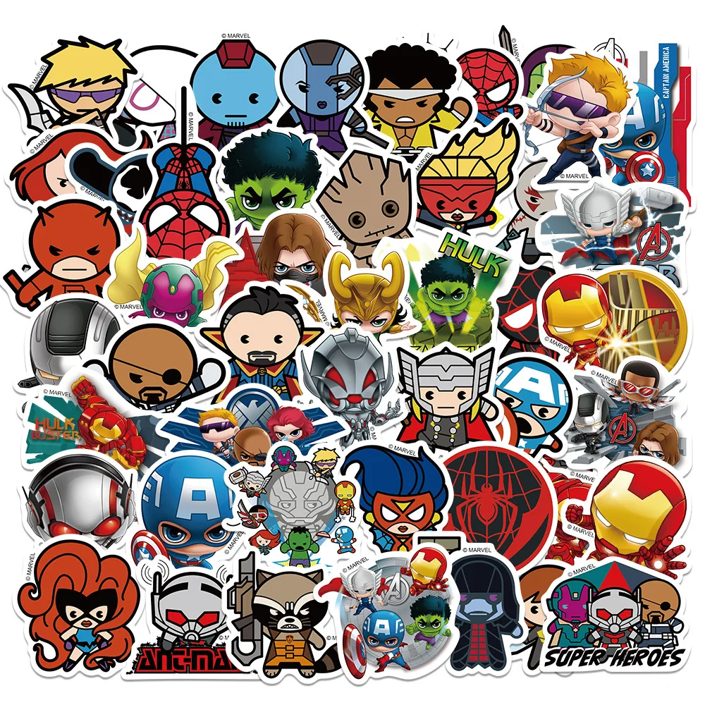 Disney Movie Marvel Anime Adesivos, Pacote de adesivos bonitos dos desenhos animados, Brinquedo Kawaii, apto para skate, laptop, motocicleta, guitarra, crianças, 50pcs