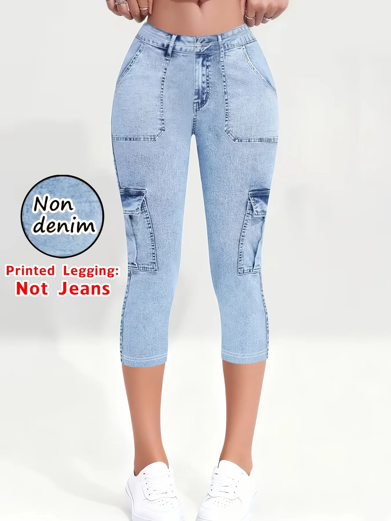 Women Fake Denim Print Capri Pants High Waist Skinny Stretch Cropped Pants Casual Slim Fit 7/8 Length Trousers