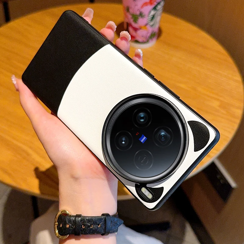 Panda Cartoon For VIVO X100 Ultra Case Color Matching Simple Plain Leather Anti-fall Cover For VIVO X100 X100S Pro Funda